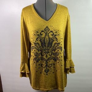 Glitterscope V Neck Long Double Ruffle Sleeves Top Size Large